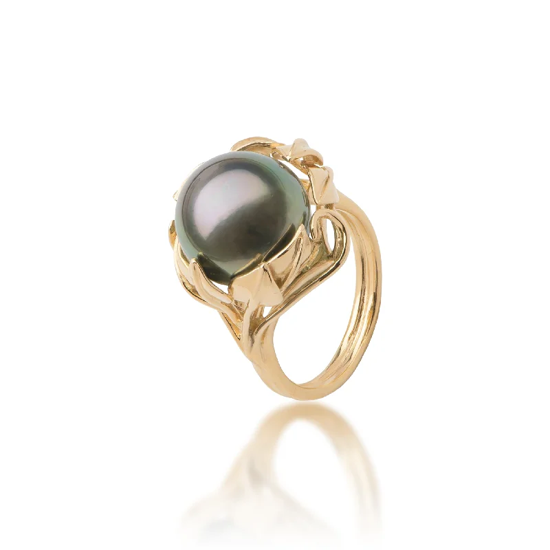 Heart shaped ladies rings-Maile Leaf Tahitian Black Pearl Ring in Gold - 12-13mm