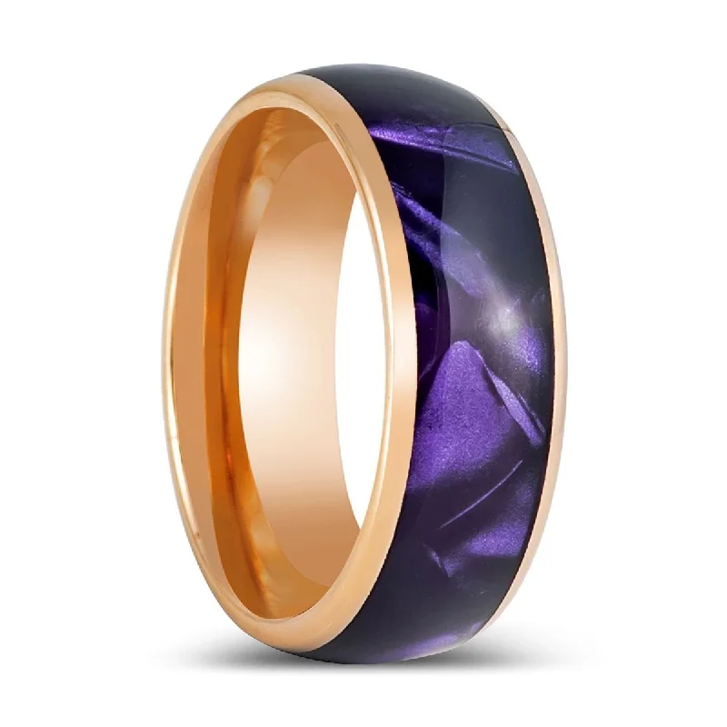 Unique rose gold ladies rings-PURPLENA | Rose Gold Tungsten Ring, Purple Cowrie Inlay