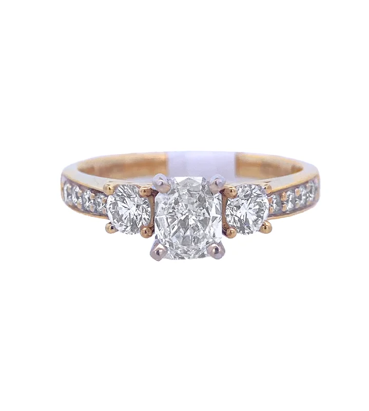 Affordable engagement rings with diamond solitaires-18K Yellow Cushion Diamond 0.45Ct 3 Stone Engagement Ring