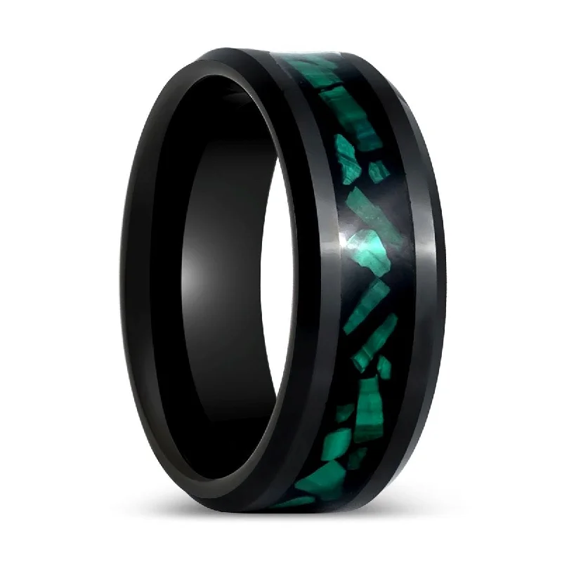 Simple platinum ladies rings-MALACHIP | Black Tungsten Ring, Malachite Inlay, Beveled