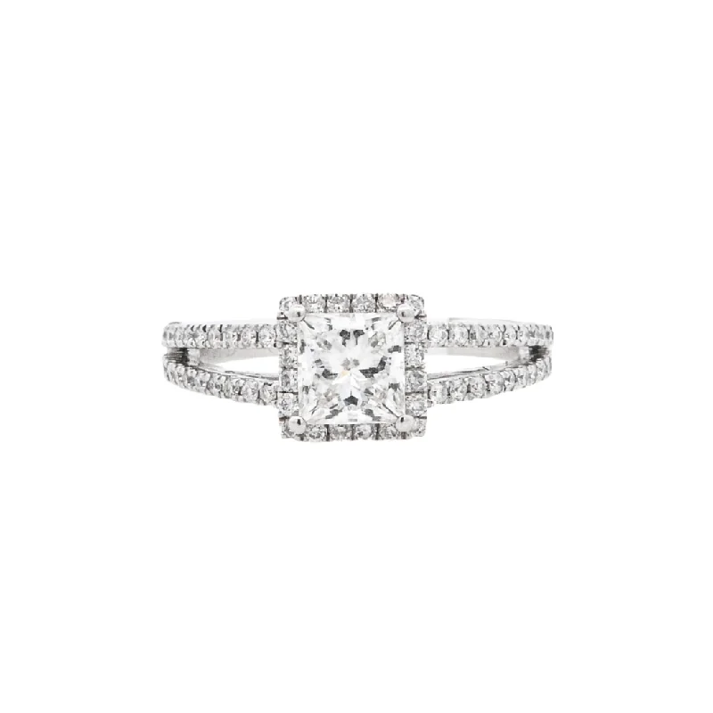 Vintage style engagement rings for women-14K White Princess Diamond 0.70Ct Halo Engagement Ring