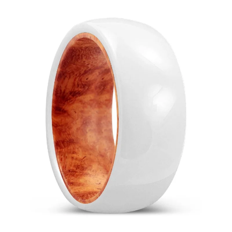 Classic silver ladies rings-ENRICH | Red Burl Wood, White Ceramic Ring, Domed