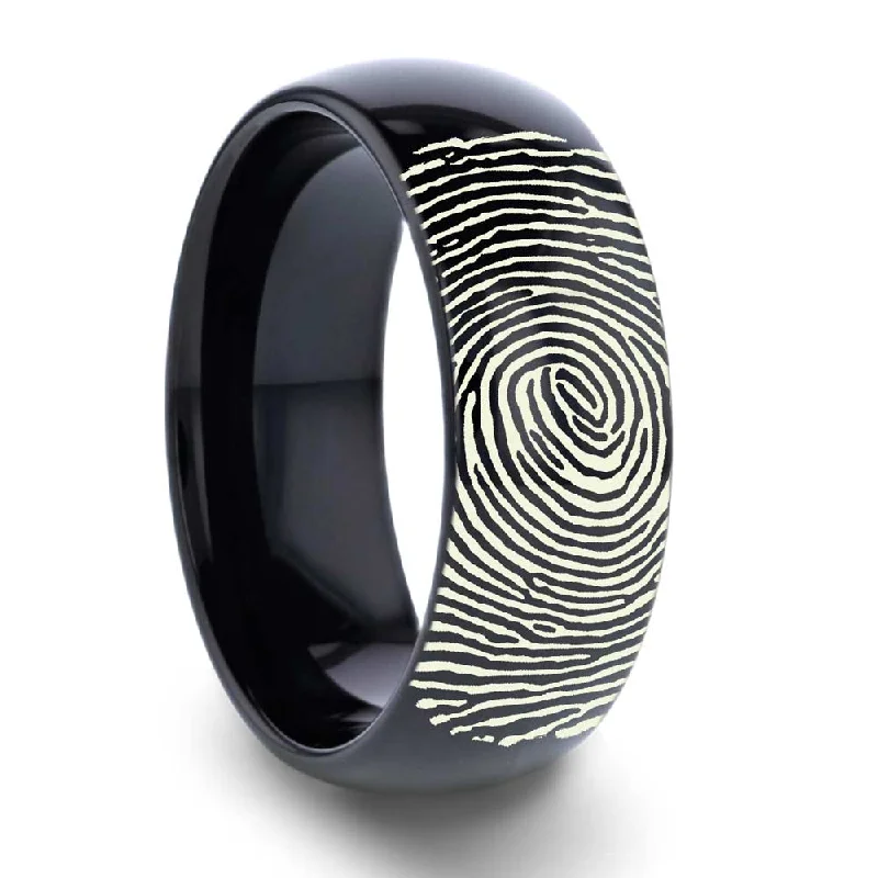 Platinum ladies rings with diamonds-Custom Fingerprint Engraved Domed Black Tungsten Men's Ring