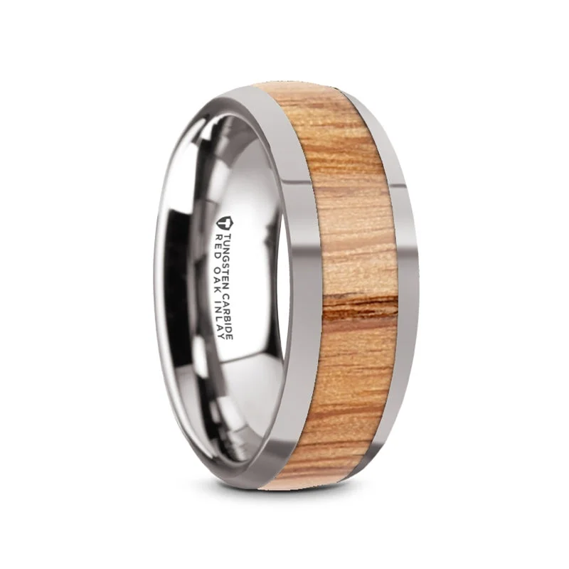 Vintage inspired ladies rings-Red Oak Wood Inlay Tungsten Men's Wedding Band