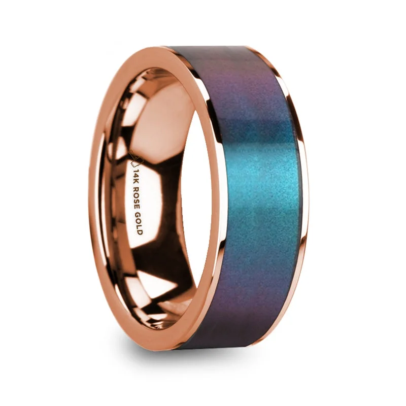 Wedding rings with emerald stones-Blue & Purple Color Changing Inlay 14k Rose Gold Men's Wedding Band