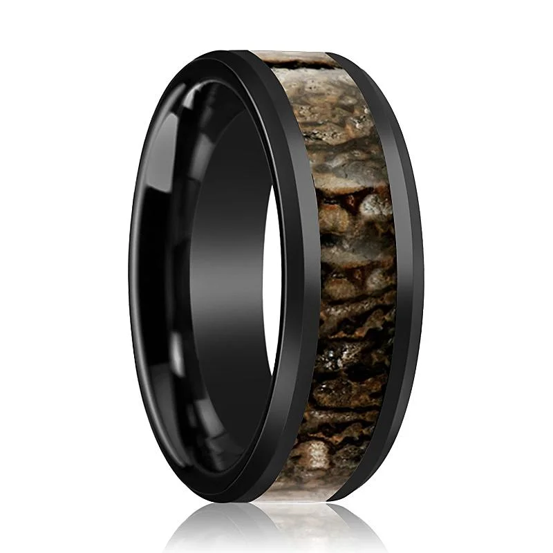 Vintage inspired ladies rings-CADMUS | Black Ceramic Ring, Brown Dinosaur Bone Inlay, Beveled