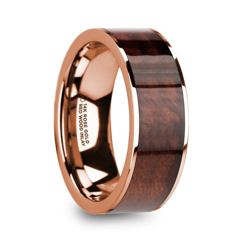 Gemstone ladies rings for weddings-14k Rose Gold Men's Wedding Band with Red Wood Inlay