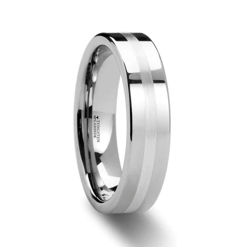 Modern ladies rings with sapphires-Silver Inlay Tungsten Wedding Band