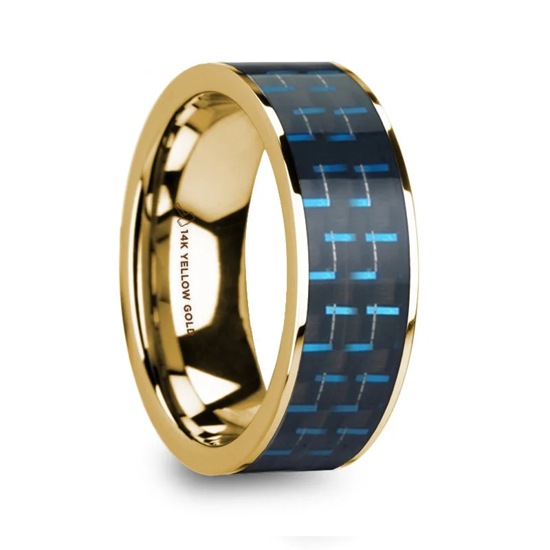 Black diamond ladies rings-Black & Blue Carbon Fiber Inlay 14k Yellow Gold Men's Wedding Band