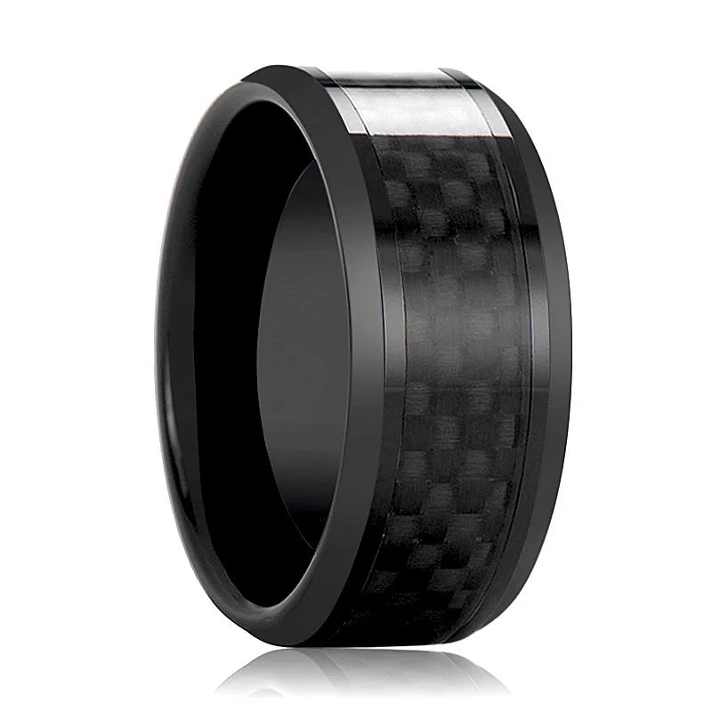 Minimalist design ladies rings-DAYTONA | Black Ceramic Ring, Black Carbon Fiber Inlay, Beveled