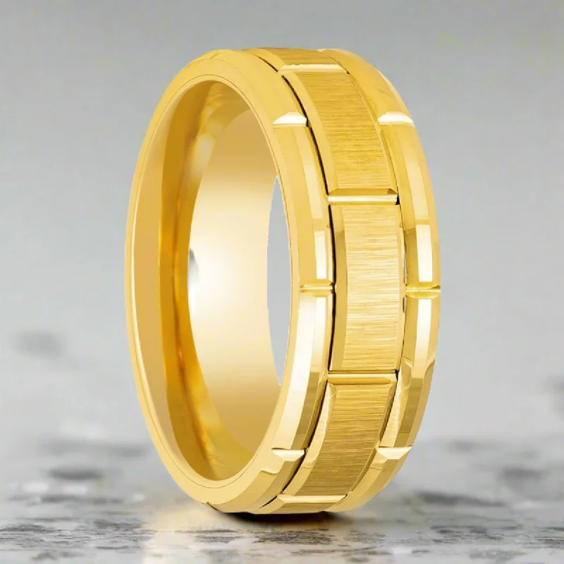 Unique rose gold ladies rings-BRICKCRAFT | Yellow Tungsten Ring, Yellow Brick Pattern Design