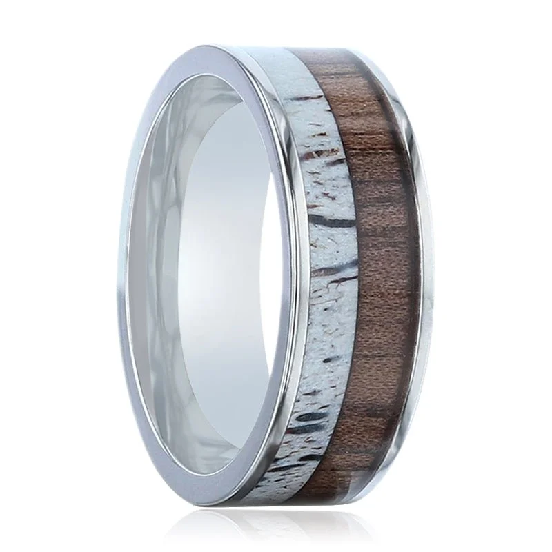 Two-tone gold ladies rings-DARBY | Silver Titanium Ring, Deer Antler and Black Walnut Wood Inlay, Flat