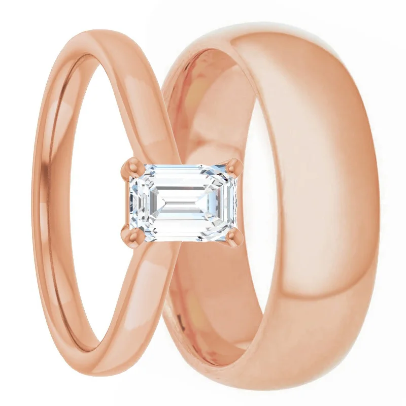 Engagement rings with intricate vintage details-14k Rose Gold & Lab-Created Emerald-Cut Diamond Couple's Matching Wedding Band Set