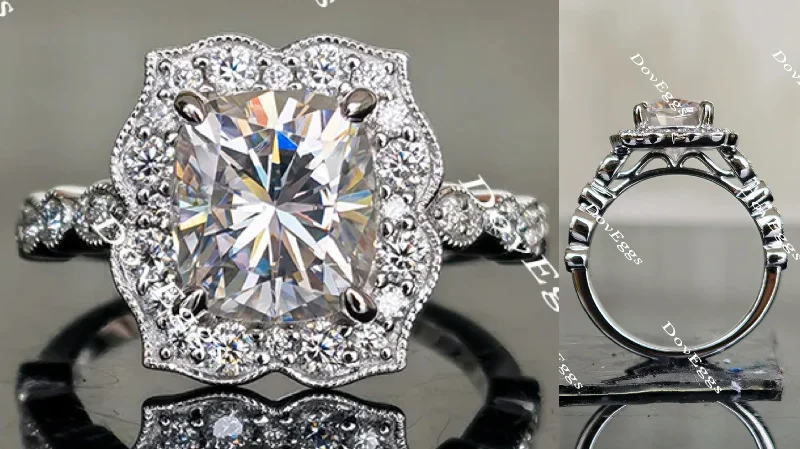 Unique engagement rings with emerald stones-DovEggs cushion art deco halo moissanite engagement ring