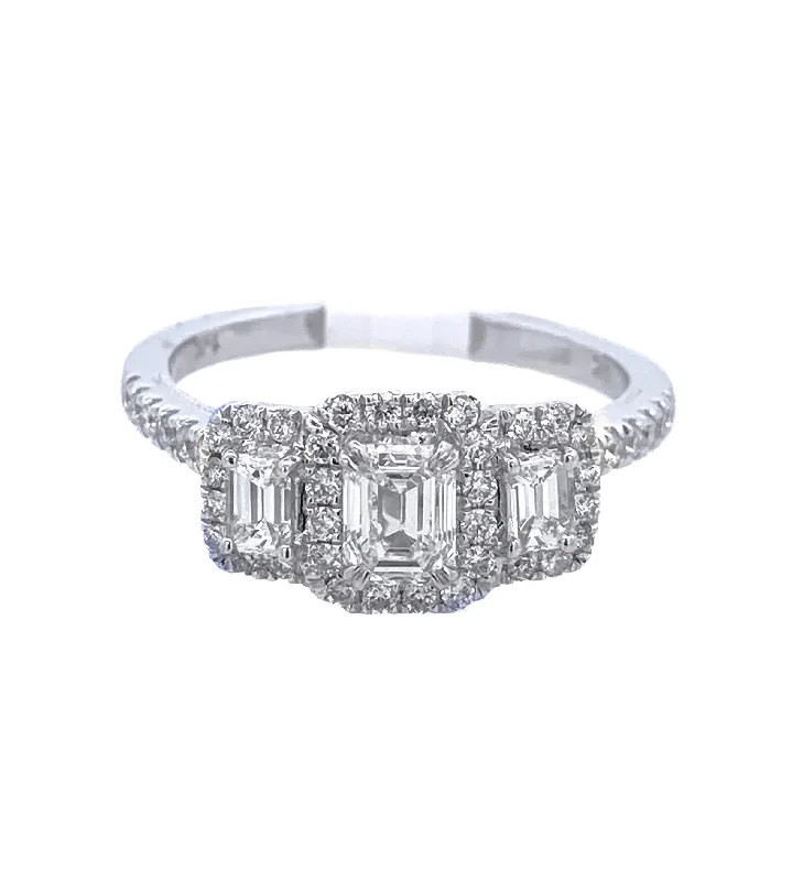 Engagement rings with white gold settings-14K White Emerald Cut Diamond 0.68Ct 3 Stone Engagement Ring