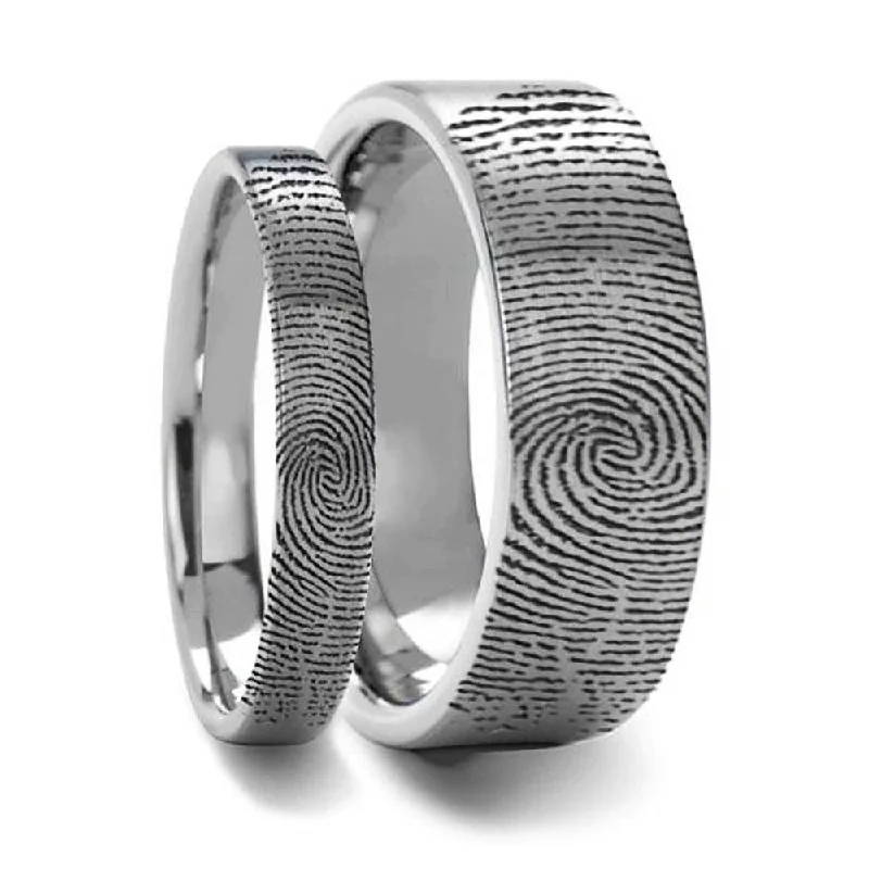 Heart shaped ladies rings-Custom Fingerprint Engraved Brushed Tungsten Couple's Matching Ring Set