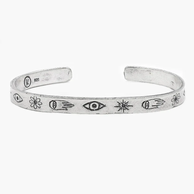 Elegant ladies bracelets with diamonds-Sterling Silver Signature Bangle With Engraved Symbols