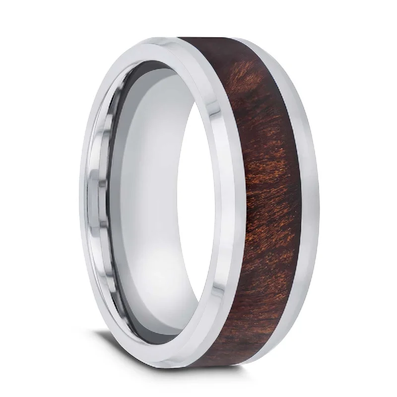 Rose gold engagement ladies rings-Tungsten Wedding Band with Redwood Inlay