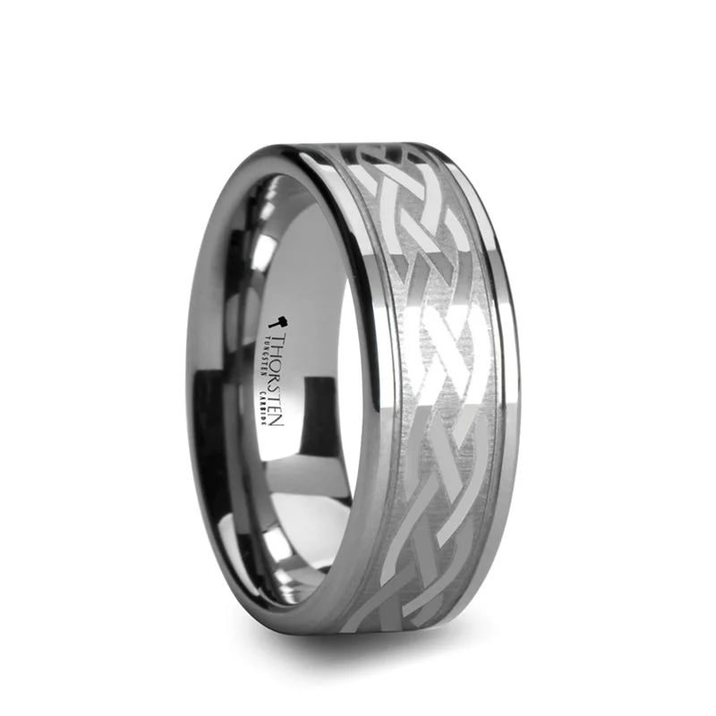 Designer ladies rings for brides-Tungsten Wedding Band with Celtic Design