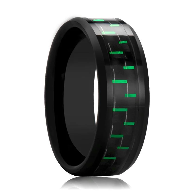 Yellow gold ladies rings for special occasions-AMELL | Black Ceramic Ring, Black and Green Carbon Fiber Inlay, Beveled