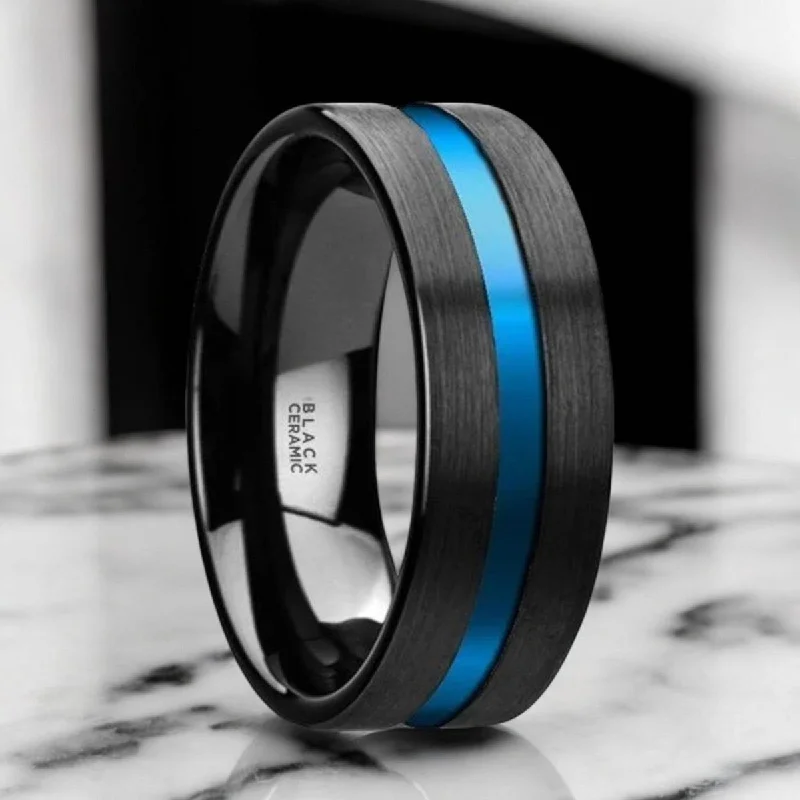 Stylish rose gold ladies rings-WESTLEY | Black Ceramic Ring, Blue Grooved Center, Flat