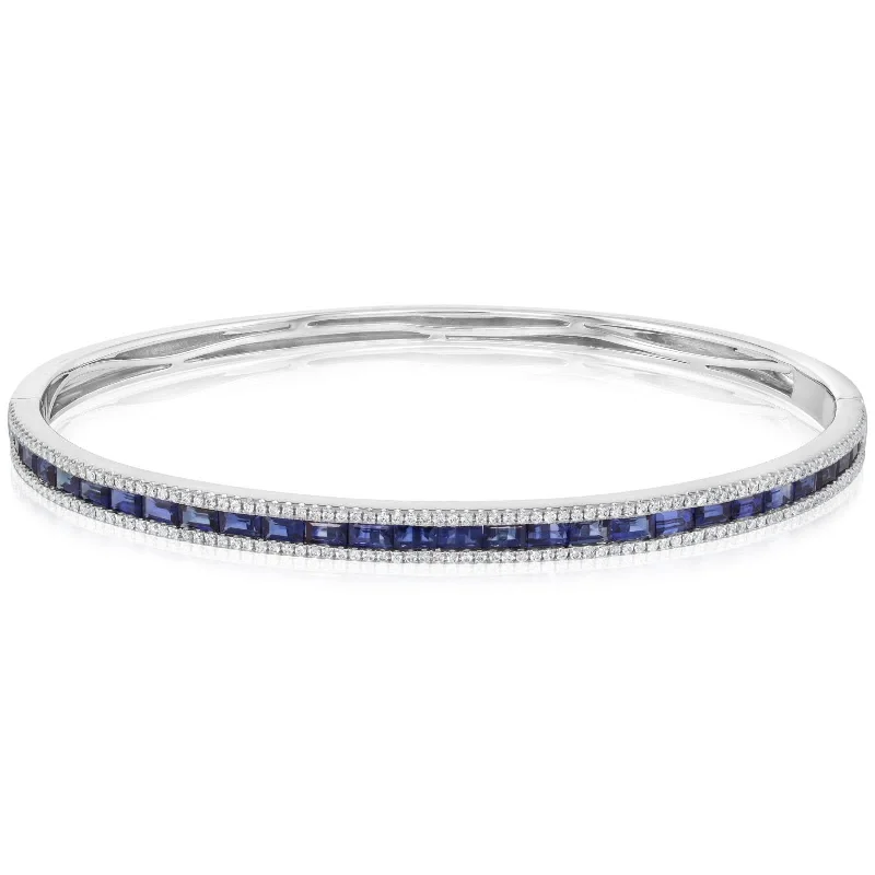 Stylish leather bracelets with charms-Baguette Sapphire & Round Diamond Bangle