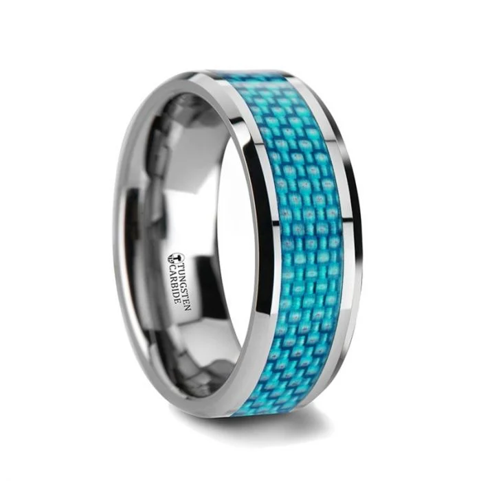 Diamond encrusted ladies rings-Tungsten Men's Wedding Band with Blue Carbon Fiber Inlay