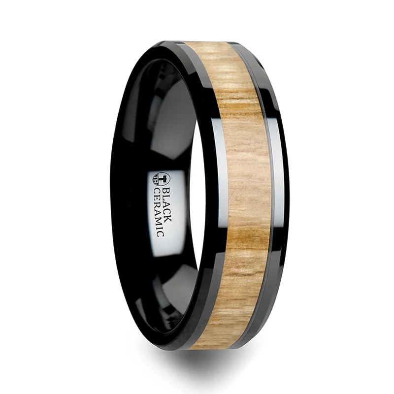 Ladies rings with black gemstones-Black Ceramic Men's Wedding Band with Ash Wood Inlay