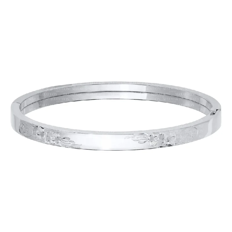 Statement bangle bracelets for women-Sterling Silver Floral Engraved Bangle