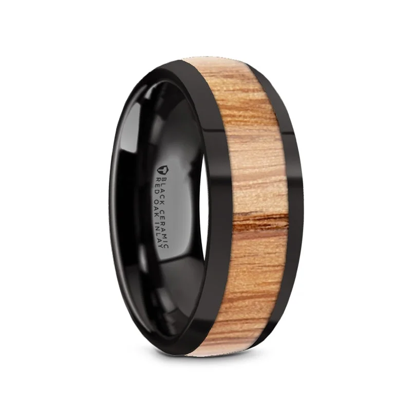 Platinum ladies rings with diamonds-Red Oak Wood Inlay Black Ceramic Men's Wedding Band