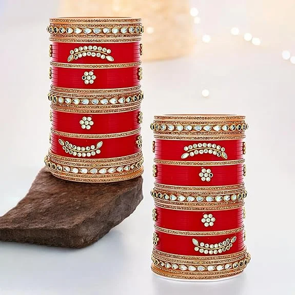 Sparkling diamond bracelets for women-Tehzeeb Creations Bridal Bangle Set Red Designer Chura Wedding Punjabi Choora Fashion Jewellery Chuda For Women