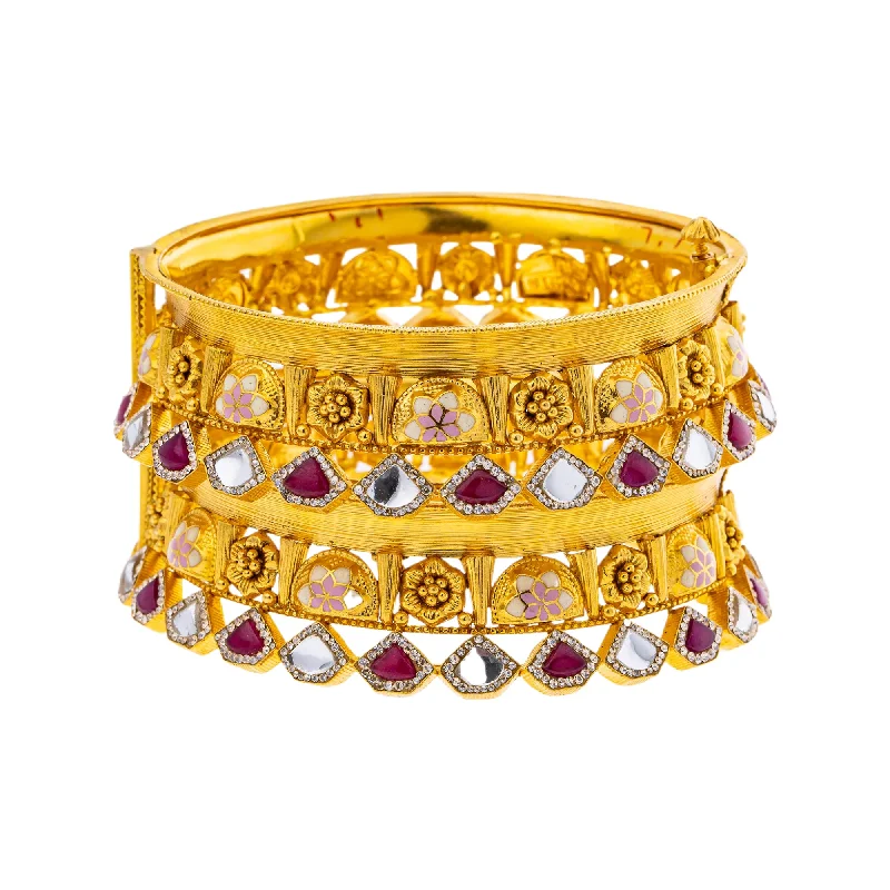 Adjustable gemstone bangles-22K Yellow Gold, Kundan, Ruby, & CZ Adjustable Bangle Set of 2 (73.7gm)