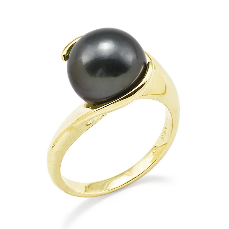 Fashionable ladies rings with pearls-Tahitian Black Pearl Ring in Gold - 10-11mm