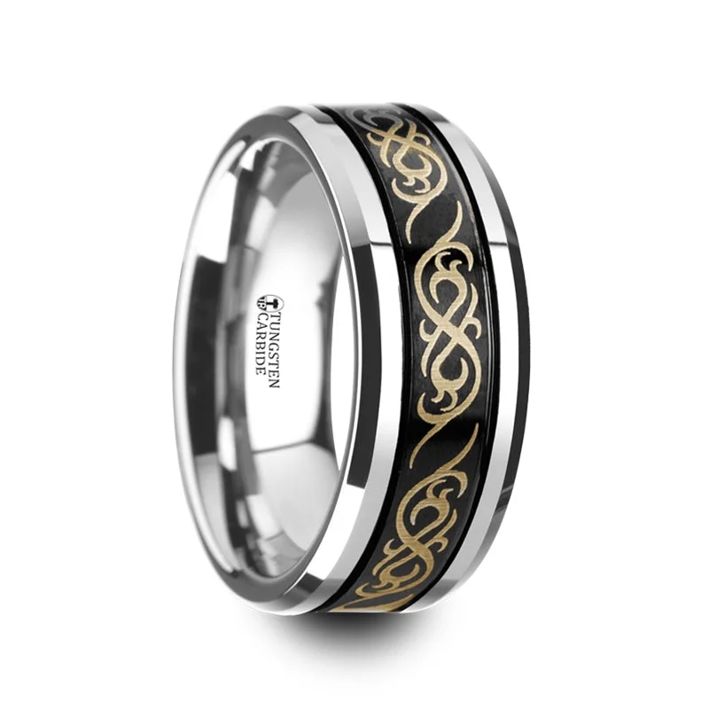 Contemporary design ladies rings-Grooved Black Tungsten Wedding Band with Engraved Celtic Pattern