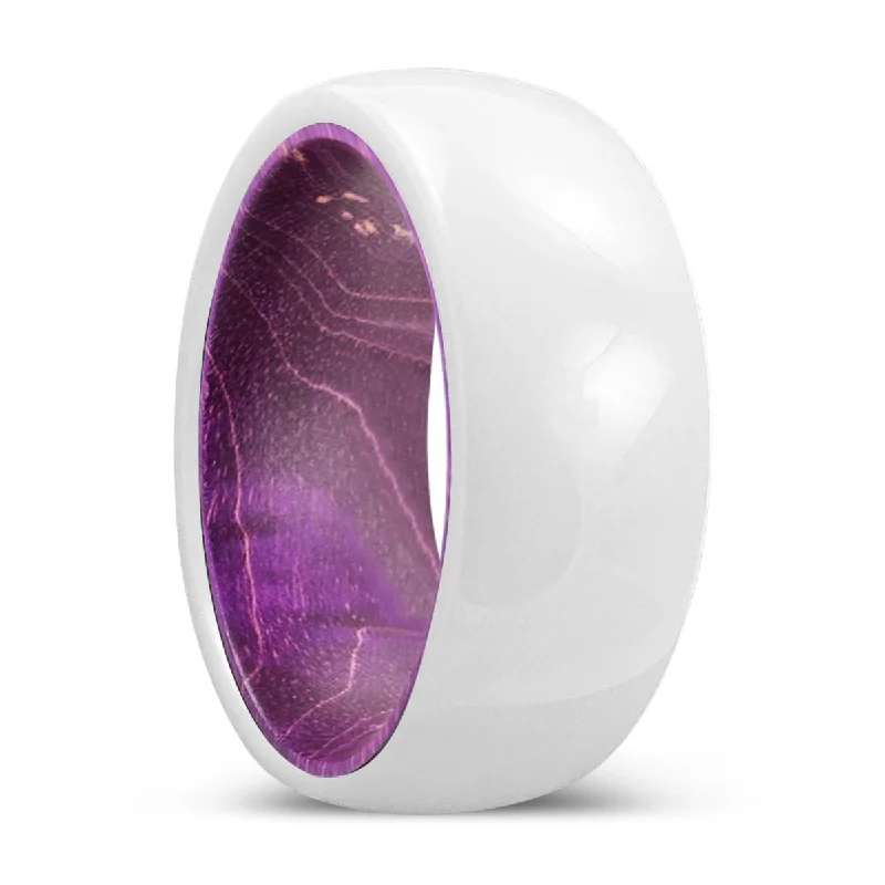 Luxury gold ladies rings-FLOURISH | Purple Wood, White Ceramic Ring, Domed