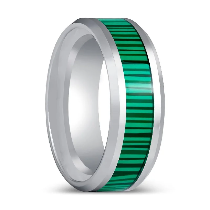 Custom design ladies rings-SUITLAND | Silver Tungsten Ring Faux Malachite Inlay