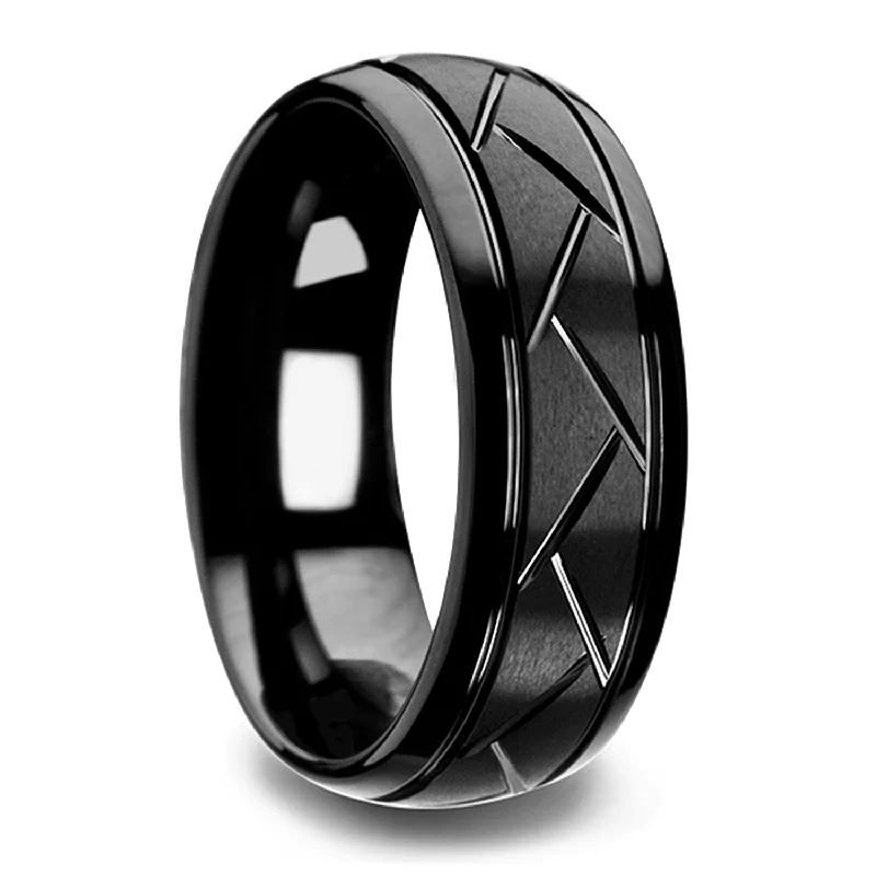 Simple engagement ladies rings-Black Tungsten Men's Wedding Band with Diagonal Grooves