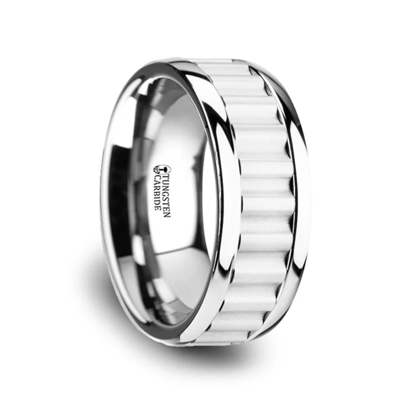 Contemporary design ladies rings-Tungsten Wedding Band with White Gear Teeth Inlay