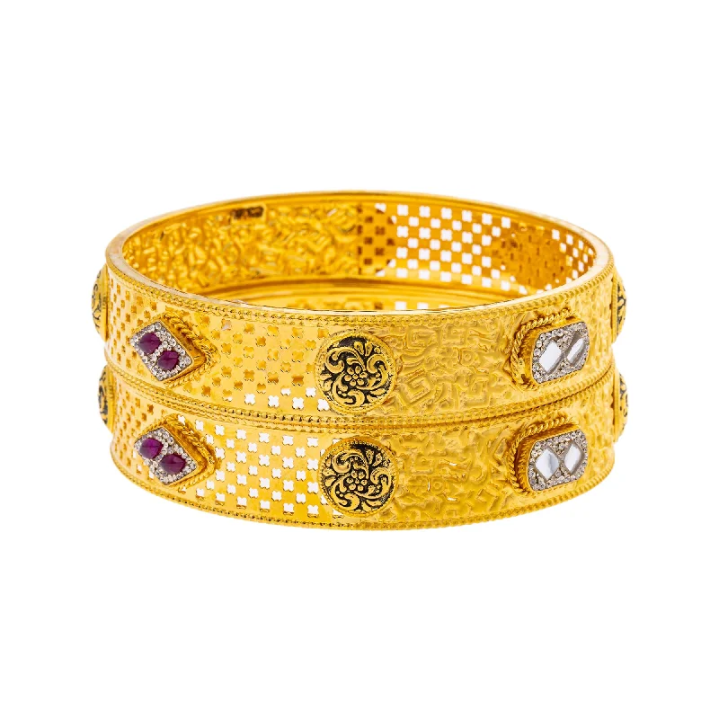 Classic gold bangles for weddings-22K Yellow Gold Bangle Set of 2 w/ Kundan, Rubies, & CZ in Size 2.6 (46.4gm)