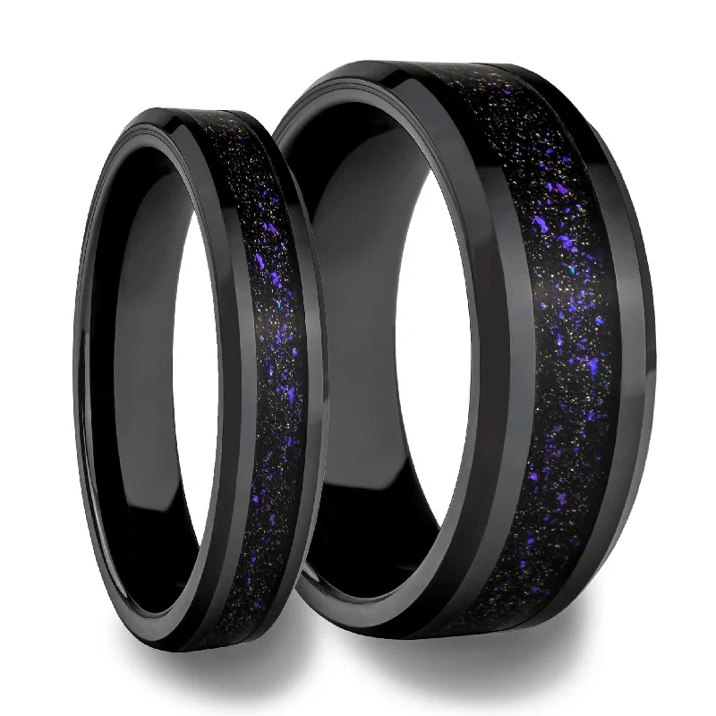 Simple platinum ladies rings-Black Ceramic Couple's Matching Wedding Band Set with Purple Galaxy Goldstone Inlay