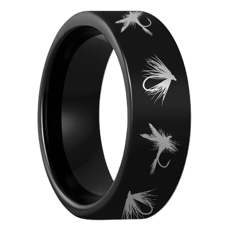 Large gemstone ladies rings-Fly Fishing Lures Black Tungsten Men's Wedding Band