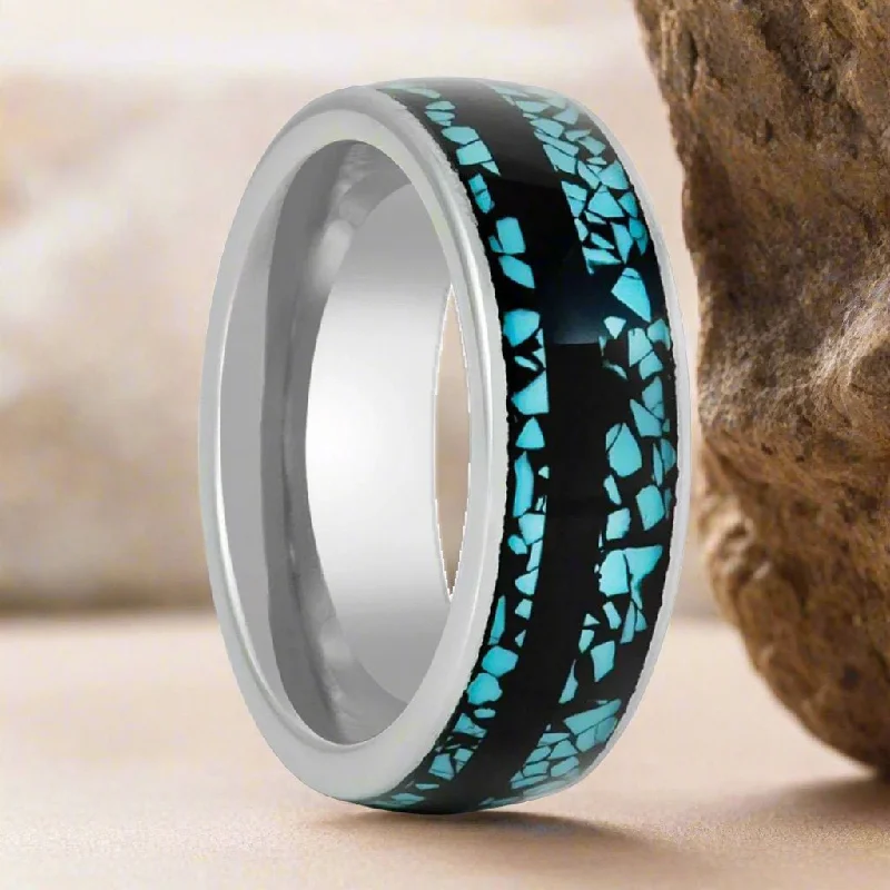 Elegant ladies rings with diamonds-MOSAIC | Silver Tungsten Ring, Turquoise Fragments Inlay, Black Strip, Domed