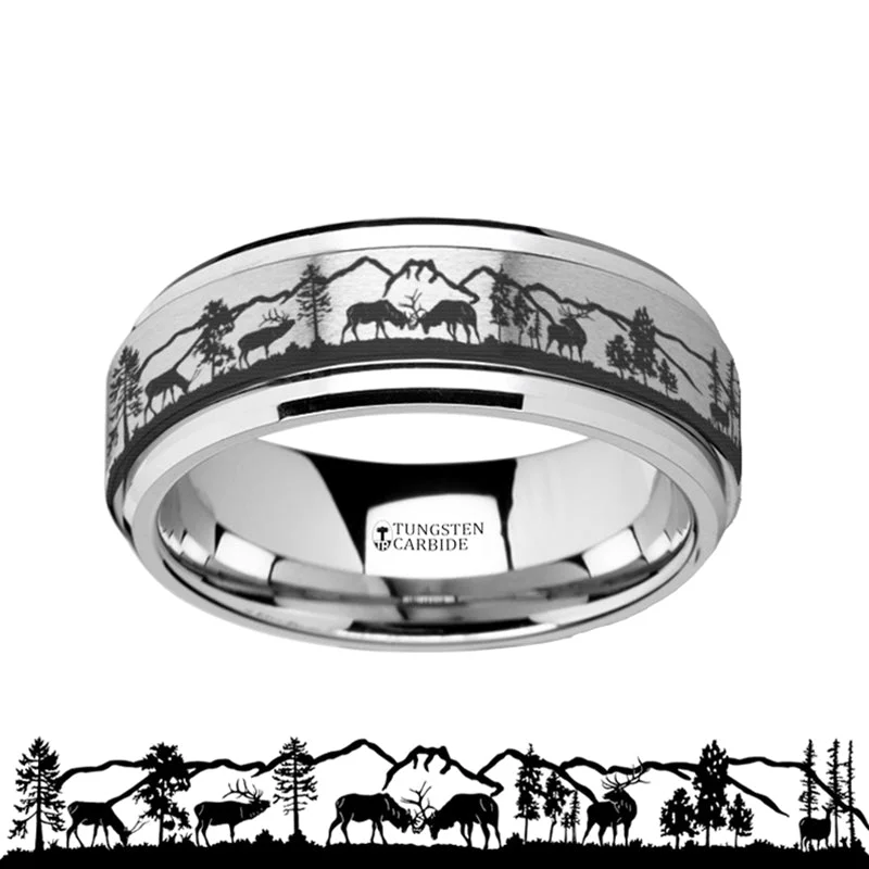 Vintage inspired ladies rings-Deer & Mountain Range Spinner Tungsten Wedding Band