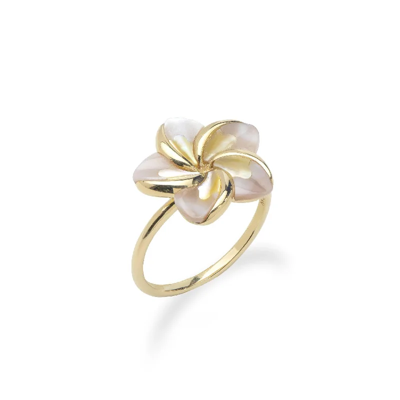 Simple platinum ladies rings-Plumeria Mother of Pearl Ring in Gold - 16mm