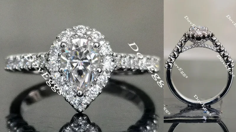 White gold engagement rings with diamonds-Doveggs pear half eternity pave halo moissanite engagement ring