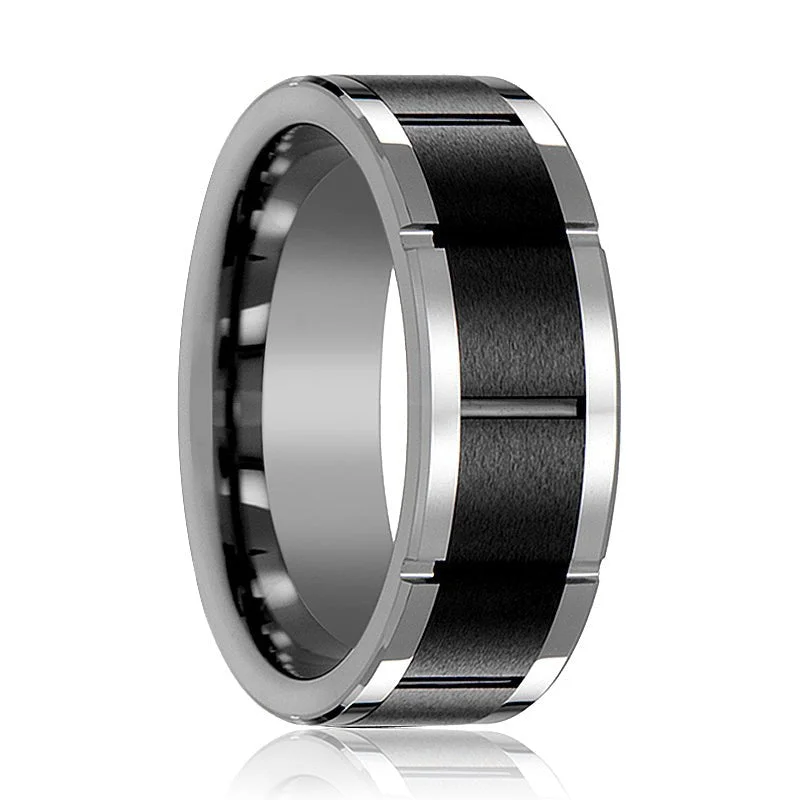 Elegant platinum rings for women-ROCHESTER | Tungsten Ring Horizontal Grooved Black