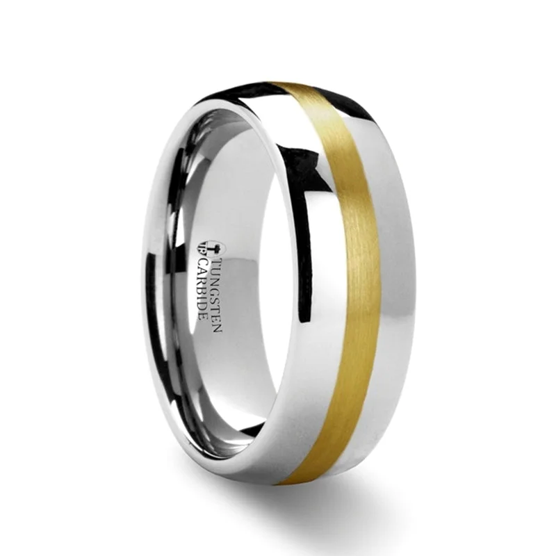 Exclusive designer ladies rings-Domed Tungsten Men's Wedding Band with Gold Inlay