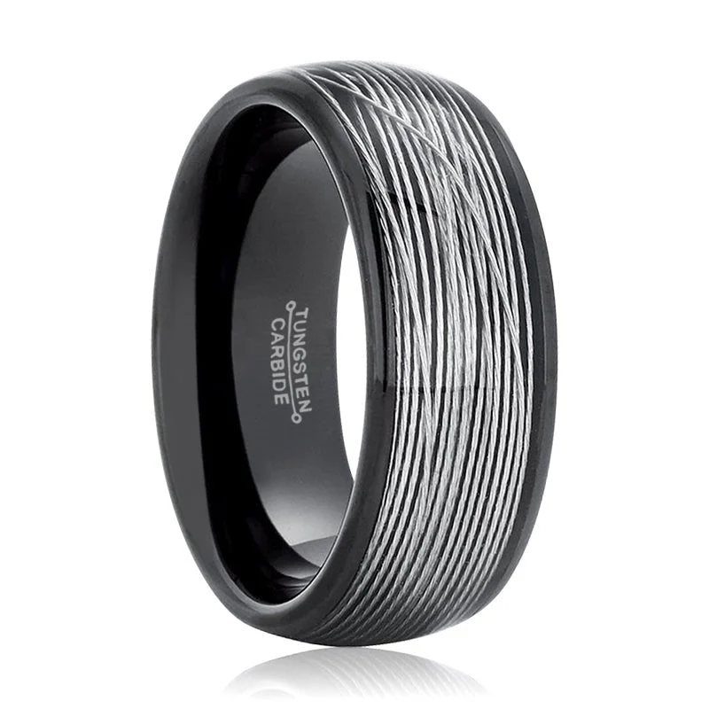 Geometric ladies rings for fashion-HURRICANE | Black Tungsten Ring, Silver Rolled Wire, Domed