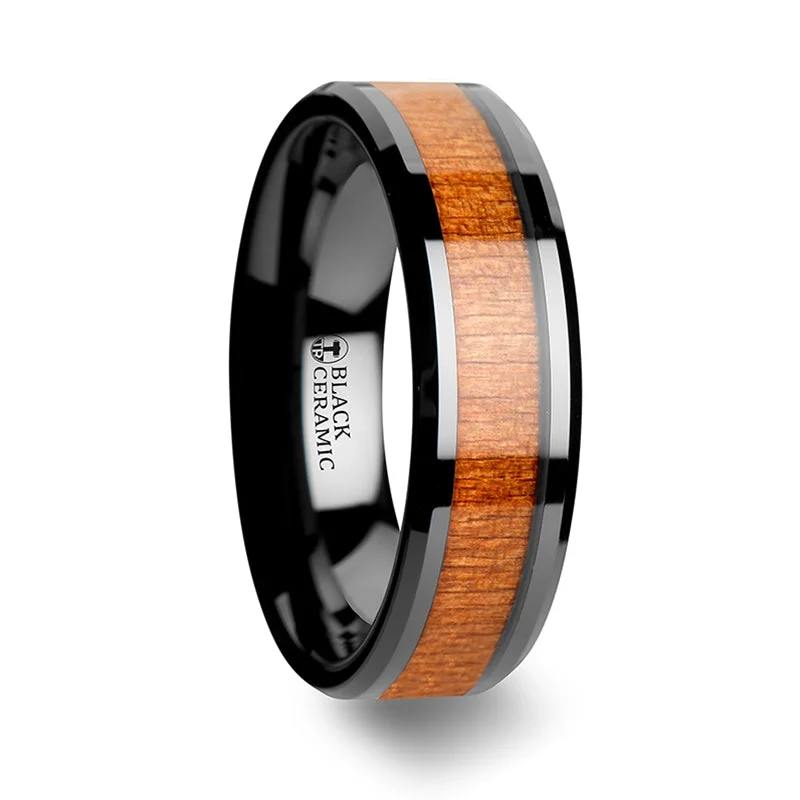 Vintage ladies rings with gemstones-Black Ceramic Men's Wedding Band with Black Cherry Wood Inlay