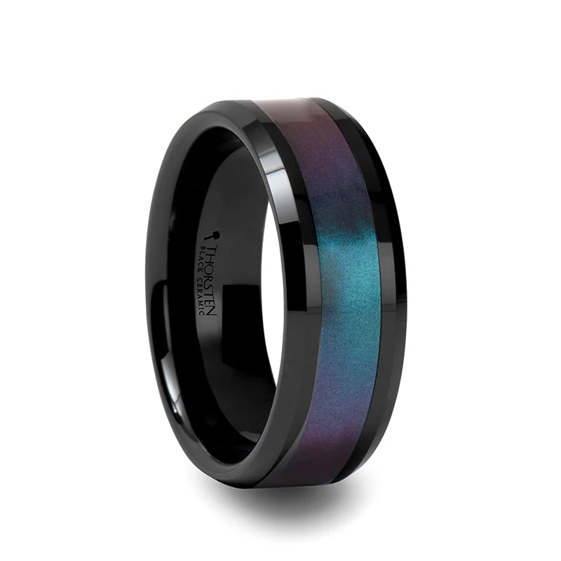 Stylish rose gold ladies rings-Black Ceramic Men's Wedding Band with Blue & Purple Color Changing Inlay